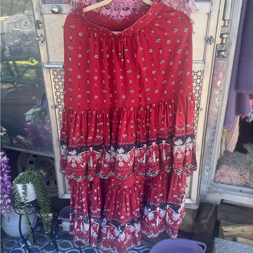 House of Skye Bohemian Southwest Red Tiered Gypsy Skirt RARE